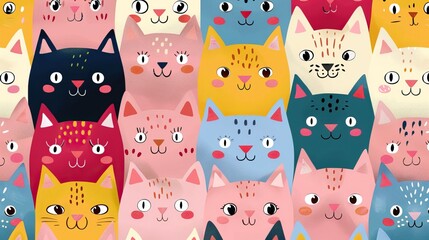 Colorful cat faces with different expressions, seamless pattern