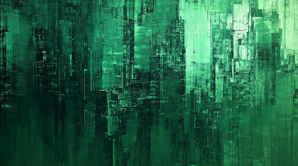 An emerald textured background showcasing a digital glitch effect. The pixelated distortions and overlapping emerald hues add a modern and edgy feel.