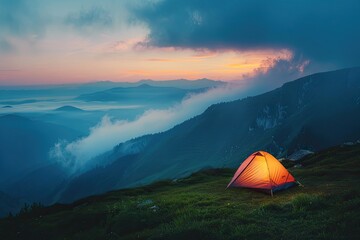 Glowing Tent on Grassy Hilltop Overlooking Misty Mountains at Dusk During Isolated Camping Adventure