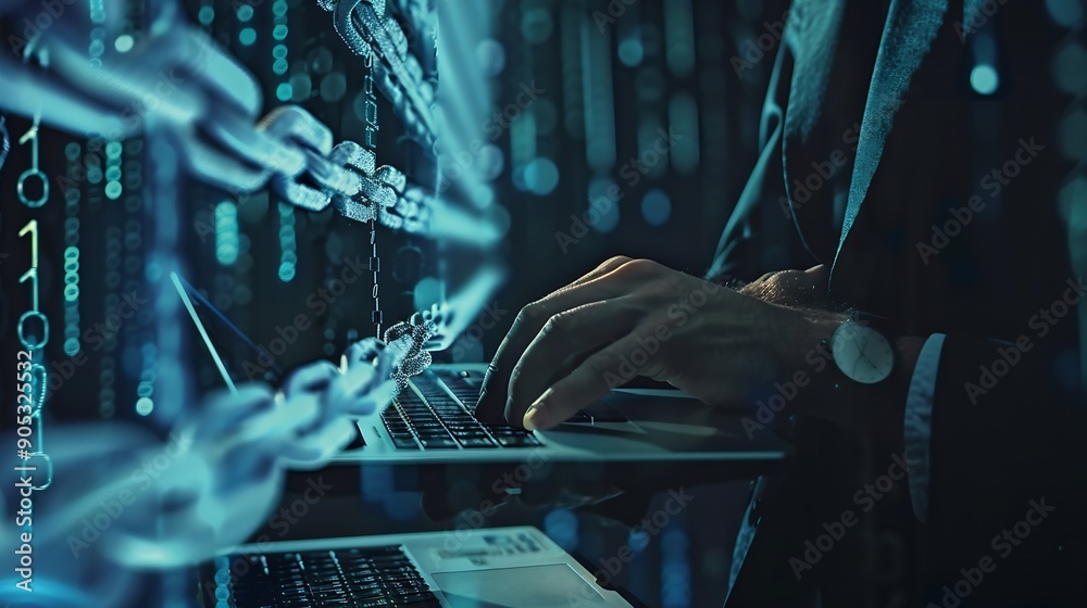 Fototapete Blockchain technology transaction concept Businessman use laptop on blockchain global networking data network connect Internet cyber security binary coded Crypto chain blockchain techn : Generative AI