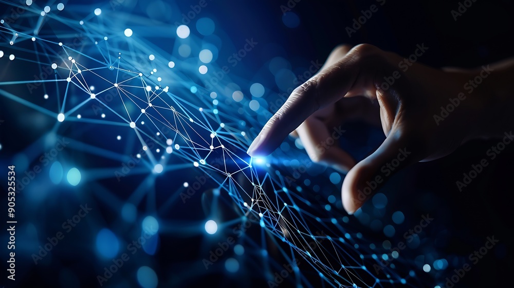 Poster Digital cyber era technology concept Human hand touching interconnected polygons of massive amounts of data glowing on a dark blue background New innovations that are coming to change  : Generative AI