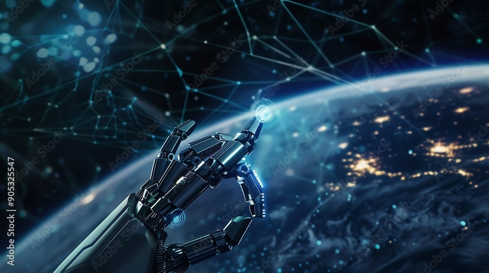 Aufkleber Robot hand with network connection on earth Artificial intelligence and digital technology connection internet big data analytics and business concepts ecommerce social networking AI : Generative AI