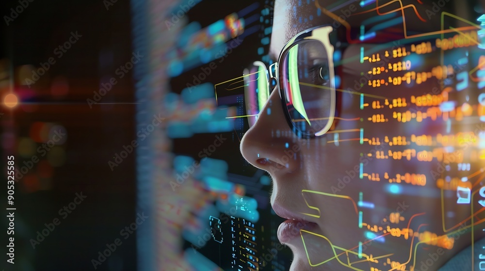 Poster Software coding hologram and woman in data analytics information technology and gdpr overlay Programmer or IT person in glasses reading script programming and cybersecurity research on : Generative AI