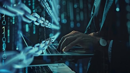 Blockchain technology transaction concept Businessman use laptop on blockchain global networking data network connect Internet cyber security binary coded Crypto chain blockchain techn : Generative AI