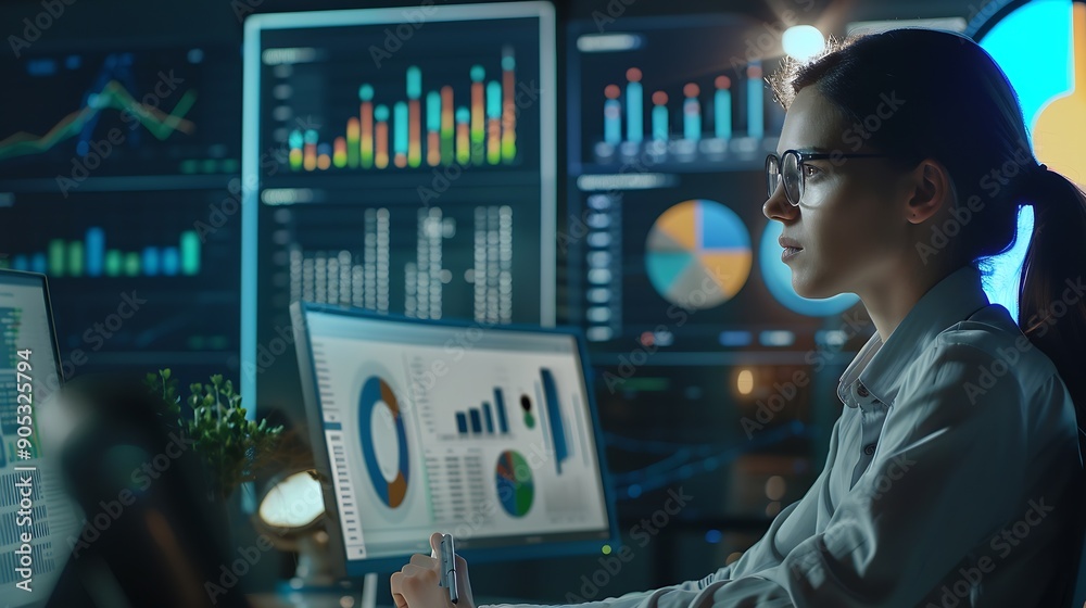 Poster Analyst woman working with information database to analyze marketing and sales data Business analytics dashboard with charts metrics and KPIs concept : Generative AI