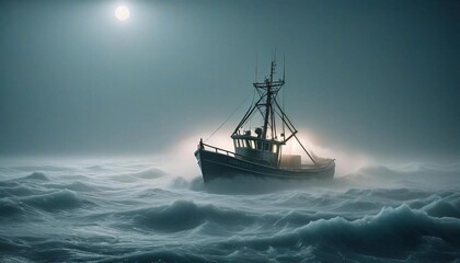 Obraz premium A lone fishing boat braving a foggy, freezing night at sea, surrounded by towering waves and icy mist as it fights against the elements. 