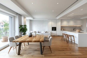 Modern interior design of apartment, empty living room with gray concrete walls, yard, panorama, Generative AI