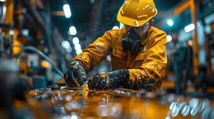 An industrial worker in protective gear is seen diligently assembling machinery in a warehouse, highlighting the precision and rigor of modern manufacturing workflows.