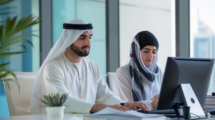 Man and woman with traditional clothes working in a business office of Dubai Portraits of  successful entrepreneurs businessman and businesswoman in formal emirates outfits : Generative AI