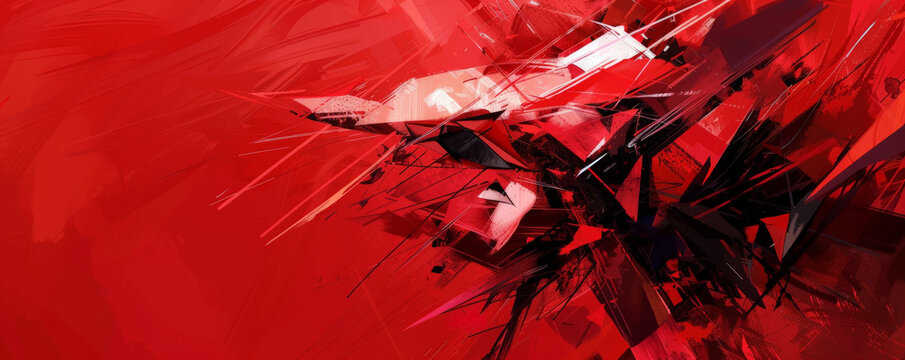Bold scarlet abstract backdrop with sharp, fragmented shapes and lines, creating a sense of tension and dynamism.