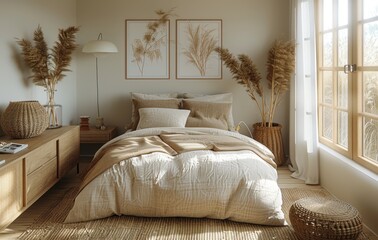 Scandinavian Bedroom Mockup with A4 Frame and Wooden Accents

