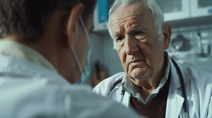 Obraz premium An elderly man sought medical advice after becoming ill and had the doctor examine him and give advice on health care and prescribe medication to treat his symptoms medical consultant : Generative AI