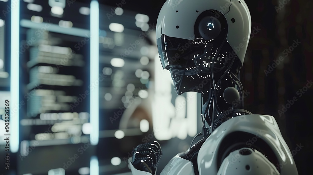 Poster Ai technology Artificial Intelligence man using technology smart robot AI artificial intelligence by enter command prompt for generates something Futuristic technology transformation C : Generative AI