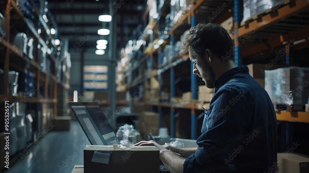 Poster Warehouseman checking delivery stock in warehouse on computer pc Warehouse manager using warehouse management software app : Generative AI