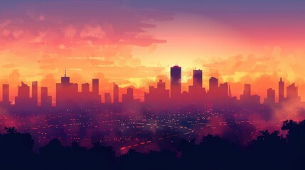 Fototapeta premium Twilight Silhouette: Cityscape Drenched in Colors of Dusk