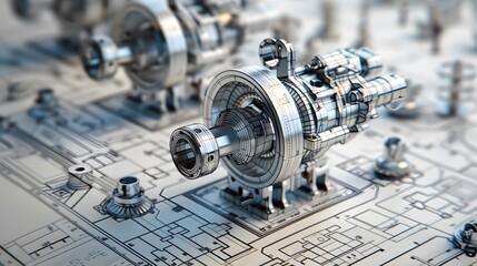 Detailed 3D mechanical engine blueprint with exploded view, featuring a diesel engine configuration 