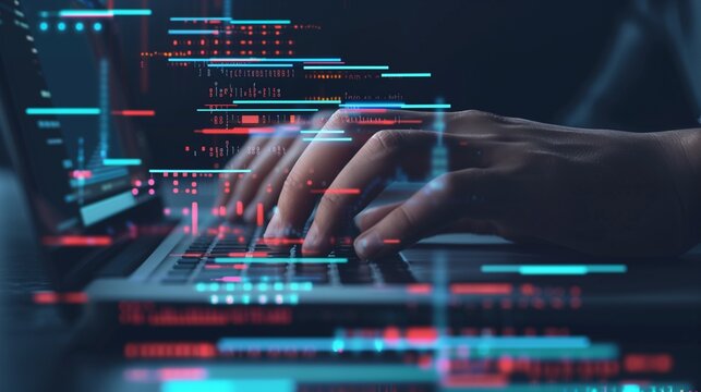 Hands typing on a laptop with code overlay, representing data science, programming, and machine learning.