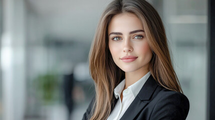 Fototapeta premium Confident Young Professional A Successful and Good-Looking Woman Team Leader Start-up CEO Lawyer or Boss in an Office Setting Exemplifying Leadership and Professionalism with Her Team in the Back