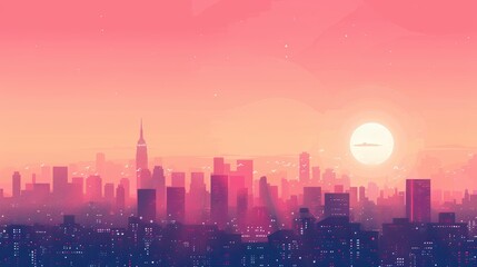 Fototapeta premium Serene Cityscape Silhouette Against Pink Sky at Sunset