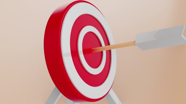 Close-up of target with arrow from bow. 3d rendering animation.	