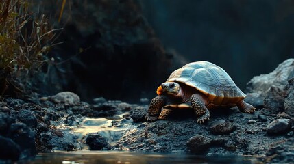 A turtle slowly making its way across a rocky terrain, highlighting its resilience and steady pace.