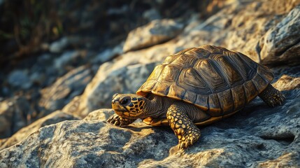 Obraz premium A turtle slowly making its way across a rocky terrain, highlighting its resilience and steady pace.