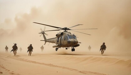 a group of soldiers marching through the dusty desert and support helicopters flying overhead
