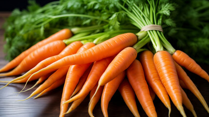 Bunch of Carrots with Green Haulm on Dark Wooden Background