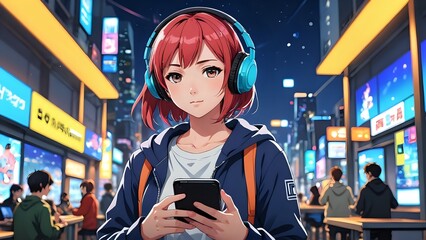 Anime girl with headphones and smartphone in a city at night.