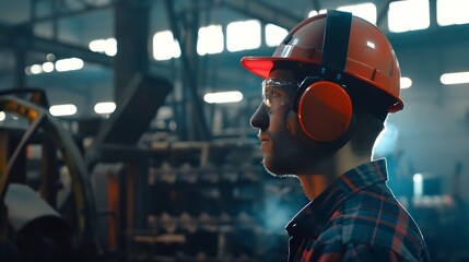 Hearing protection A factory worker puts on noisecancelling earmuffs Work safety theme : Generative AI