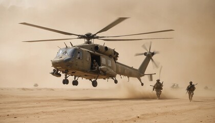 Fototapeta premium a group of soldiers marching through the dusty desert and support helicopters flying overhead 