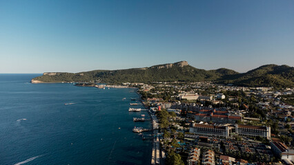 Aerial view of of coastal area of Kemer, Turkish beach resort city