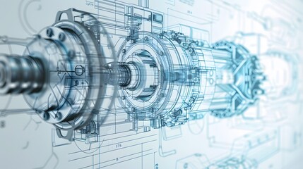 Obraz premium Detailed 3D mechanical engine blueprint with exploded view, displayed on a virtual reality interface