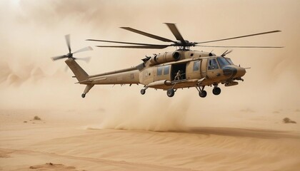a group of soldiers marching through the dusty desert and support helicopters flying overhead
