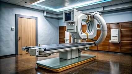 Demonstration of medical equipment, in the hospital premises, ultrasound, MRI, CT, X-ray machine, massage chair