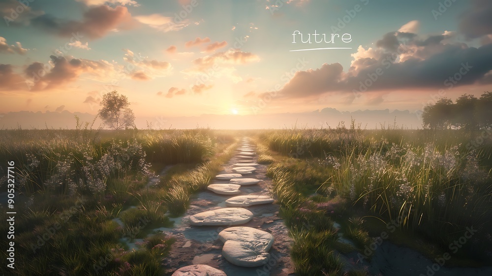 Poster serene landscape with path of coins leading to the word 