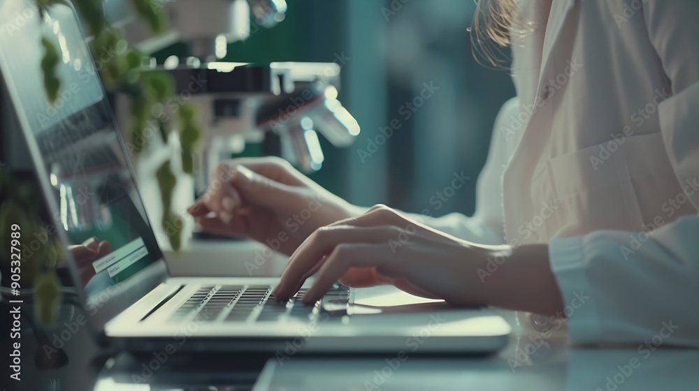 Poster woman scientist and research with laptop and tablet for results medical study or exam on new discove