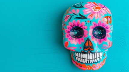 Fototapeta premium Vibrant Day of the Dead Lettering on Deep Blue Wood, Intricate Bone-Inspired Design Celebrating Dia de los Muertos, Perfect for Text Display and Festive Decoration
