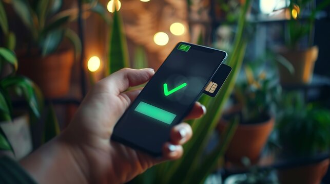 Digital online payment online banking online shopping and financial transaction success concept Hand holding credit card and smartphone display payment successful message with green ch : Generative AI