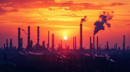 Obraz premium Golden Hour Silhouette: Industrial Buildings at Sunset Casting Striking Shadows in Urban Landscape