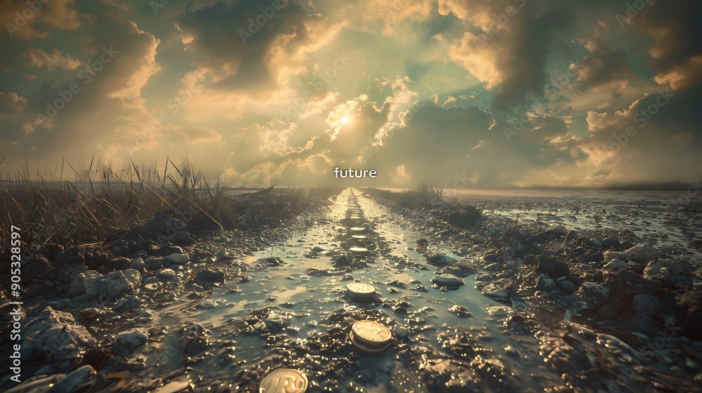 Poster serene landscape with path of coins leading to the word 