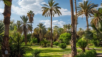 Fototapeta premium Park recreation area subtropical plants palm trees and shrubs : Generative AI