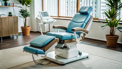 Demonstration of medical equipment, in the hospital premises, ultrasound, MRI, CT, X-ray machine, massage chair
