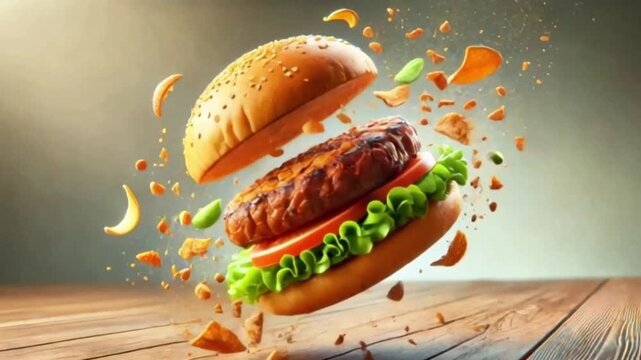 A falling burger with crispy fragments, dynamically moving