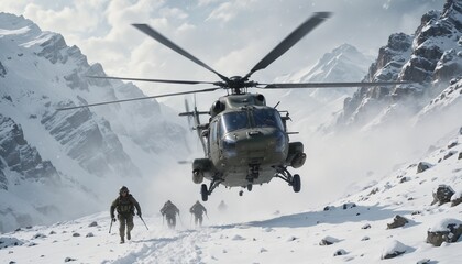Obraz premium A military helicopter flies low over a snowy mountain pass in a snowstorm. Two soldiers disembark into the deep snow, quickly setting up a perimeter as heavy snow and dark clouds surround them. 