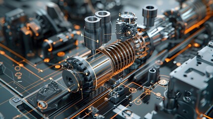 Detailed 3D mechanical engine blueprint with exploded view, rendered with a vintage engineering aesthetic