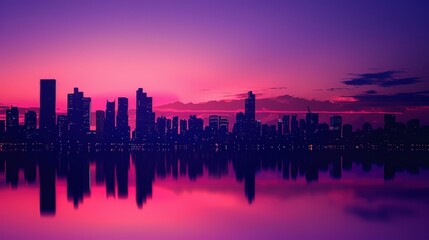 Fototapeta premium Serene Purple Twilight: Silhouette of Urban Landscape against Vibrant Sky