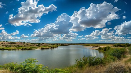 Fototapeta premium Wide Angle View of the Colordao Riverin Texas With Large Clouds in the Sky : Generative AI
