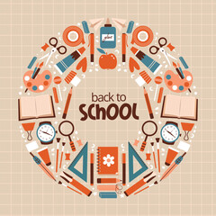 Round frame for banner of school accessories. Back to school. Vector illustrations with glue, notebook, books, pen, pencil, paints, scissors, clock, glue, book, clock, apple. Flat design.	