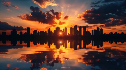 Obraz premium Urban Silhouette at Sunset: City Buildings Reflecting the Evening Sky